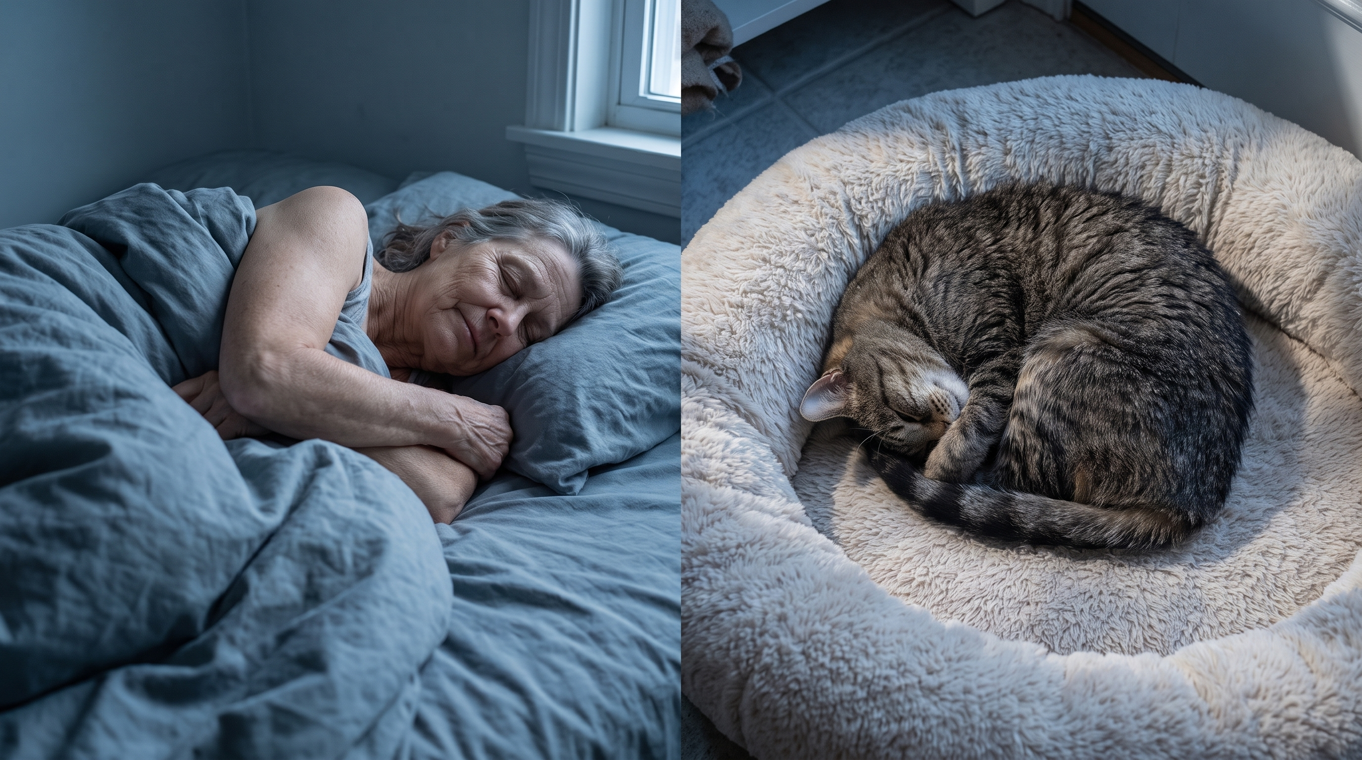 An older woman and a senior tabby both sleeping in the same tightly curled position.