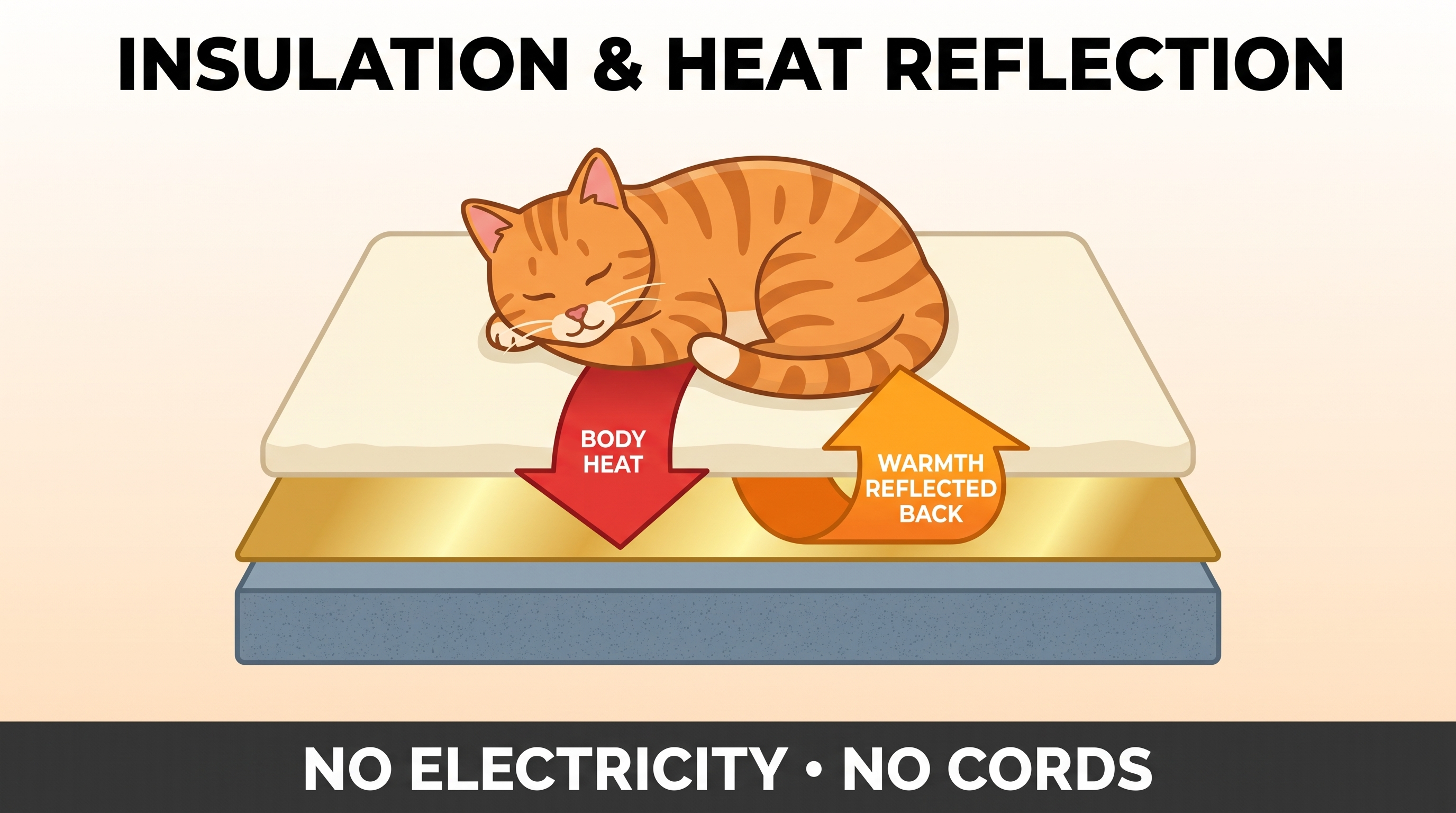 Orange tabby on a three-layer mat with a red body-heat arrow and an orange reflected-warmth arrow.
